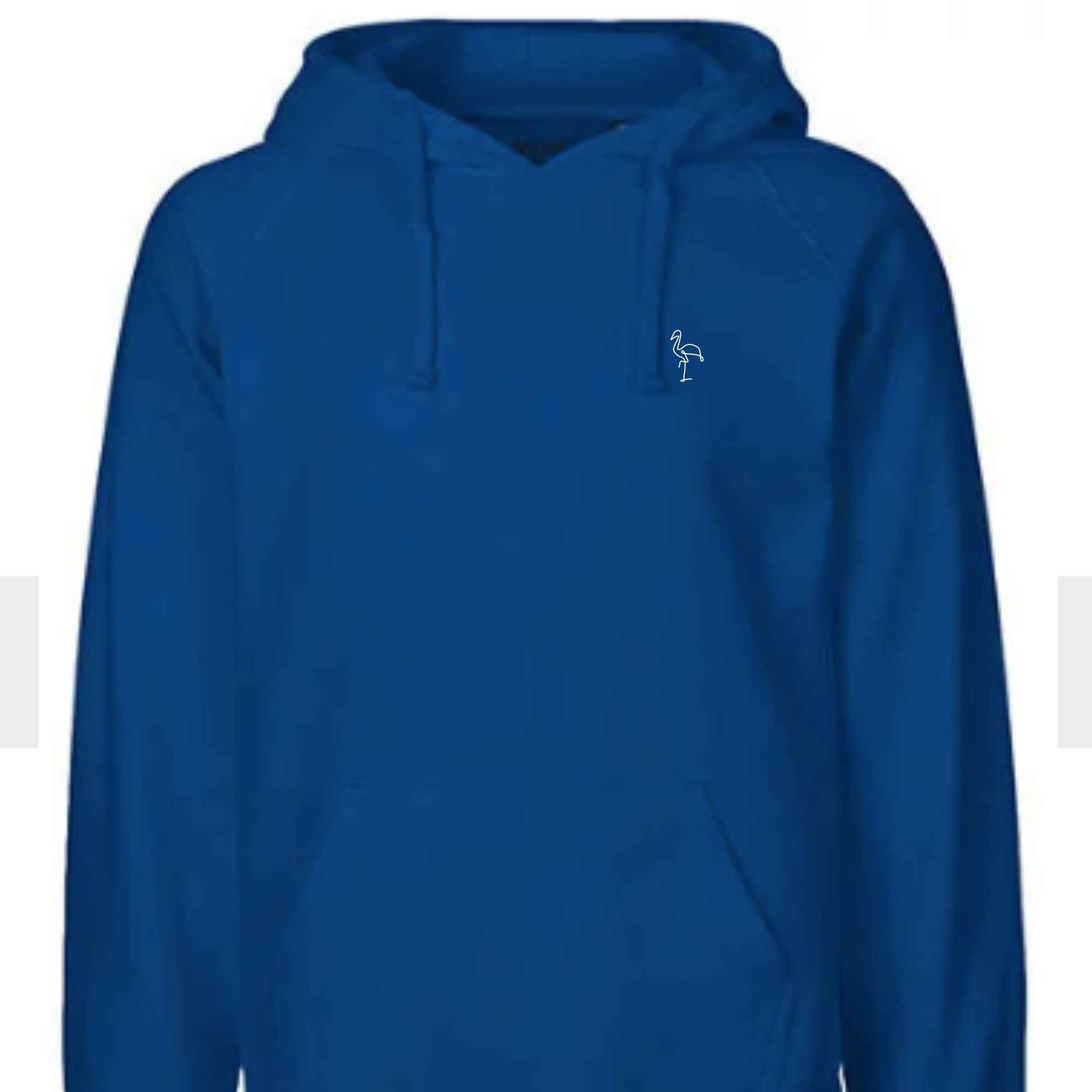 Blauer Premium-Hoodie mit Flamingomotiv bestickt und hochwertiger Verarbeitung für Tierliebhaber