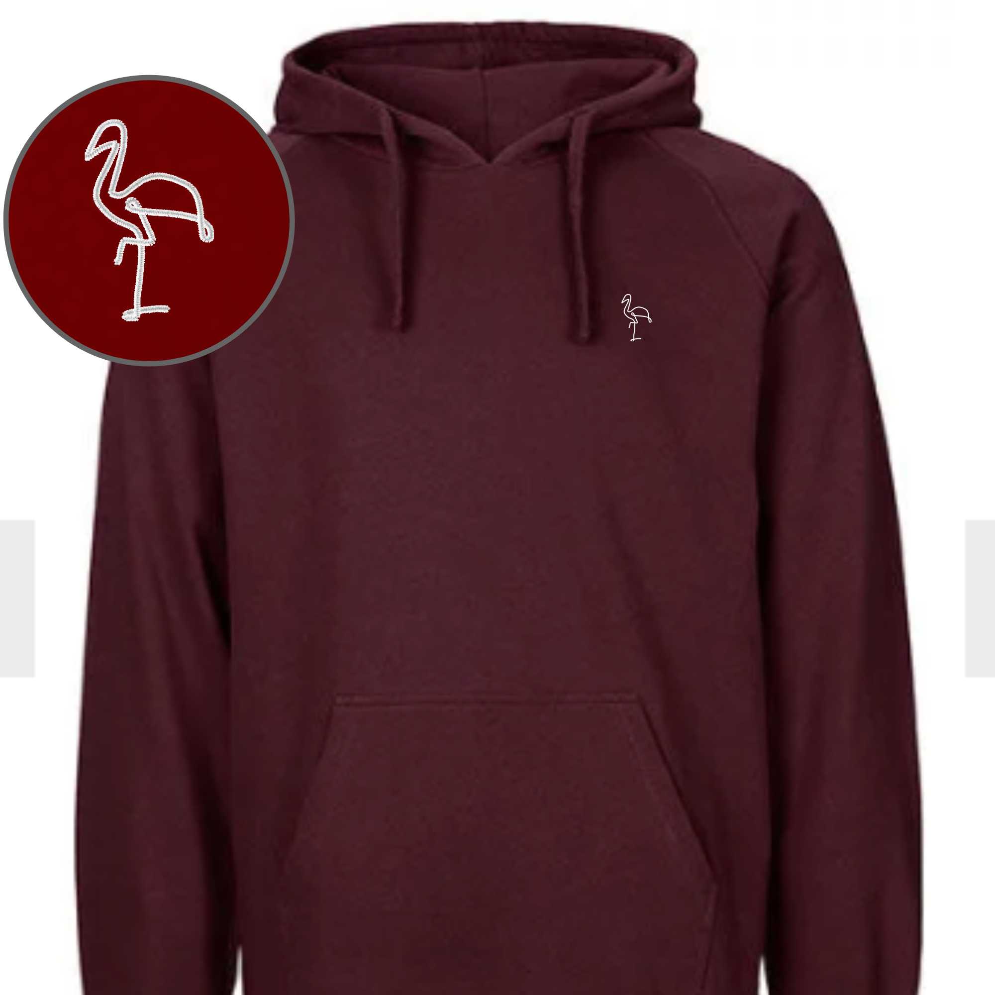 Pulli Premium mit Kapuze und Flamingo-Stick auf der linken Brust, der Hoodie ist aus hochwertigem Material verarbeitet, in der Farbe Burgundi 