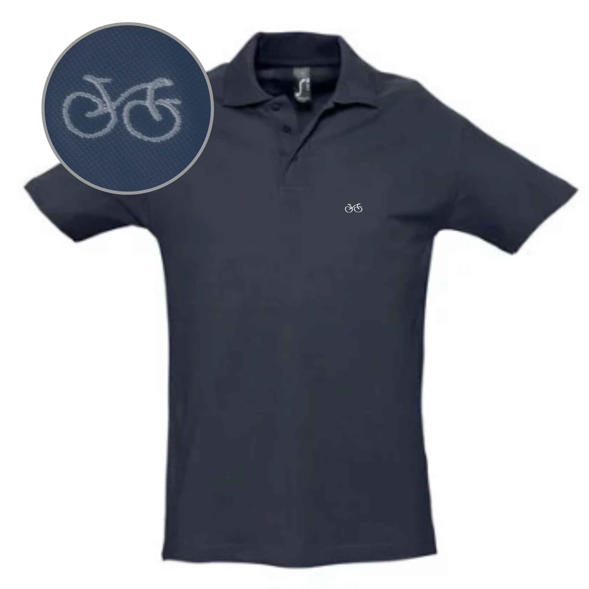 Herren Poloshirt mit Fahrradmotiv hochwertig bestickt in der Farbe dunkelblau mit Motivfarbe nach Wahl